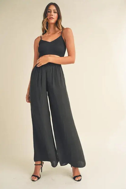 MABLE Smocked Bralette Crop Top and Wide Leg Pants Set