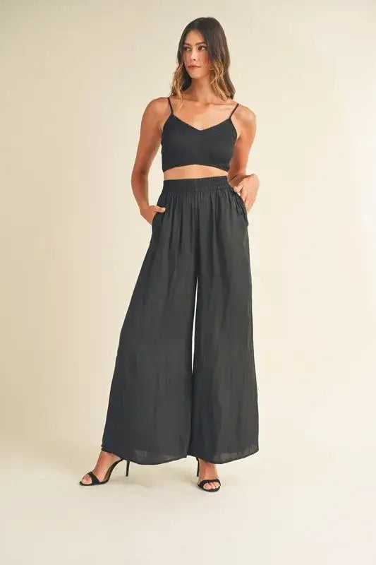 MABLE Smocked Bralette Crop Top and Wide Leg Pants Set - Black / S