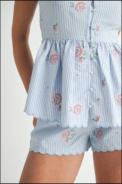 MABLE Stripe Embroidered Peplum Cami and Shorts Set