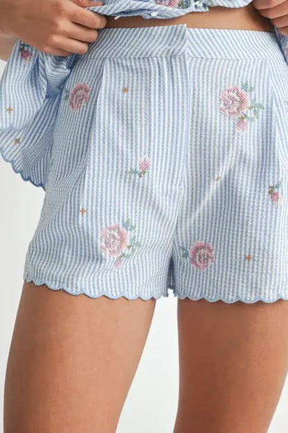 MABLE Stripe Embroidered Peplum Cami and Shorts Set