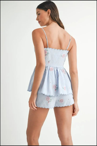 MABLE Stripe Embroidered Peplum Cami and Shorts Set