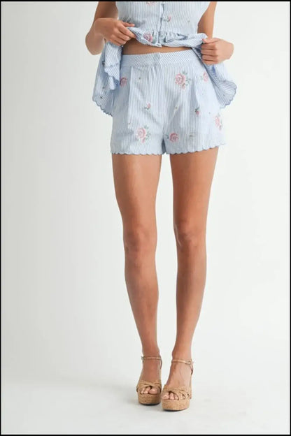 MABLE Stripe Embroidered Peplum Cami and Shorts Set