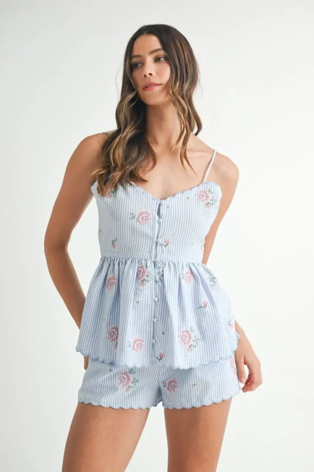 MABLE Stripe Embroidered Peplum Cami and Shorts Set - Blue / S