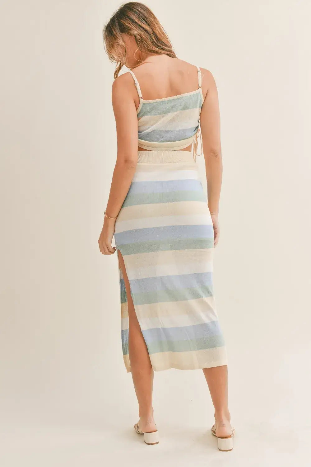 MABLE striped knit cami and midi skirt set with pastel colors and high slit
