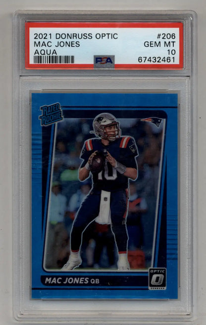 PSA 10 Gem Mint Mac Jones 2021 Donruss Optic Aqua parallel rookie card in case