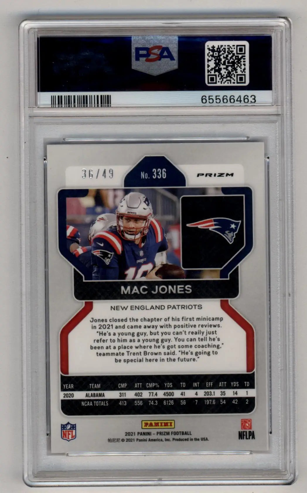 PSA-graded Mac Jones 2021 Panini Prizm Prizms Purple Power NFL trading card in case