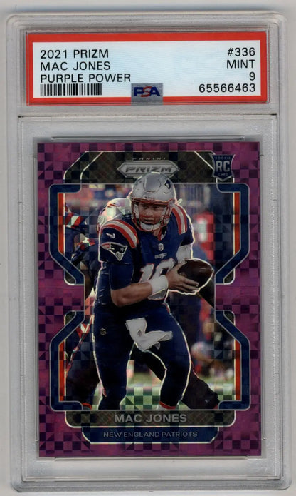 PSA-graded Mac Jones 2021 Panini Prizm Prizms Purple Power card in protective case