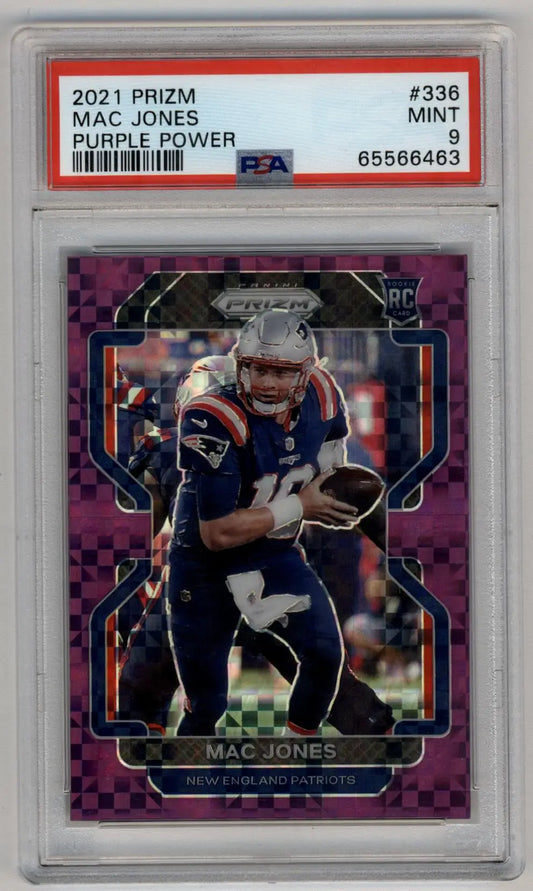 PSA-graded Mac Jones 2021 Panini Prizm Prizms Purple Power card in protective case