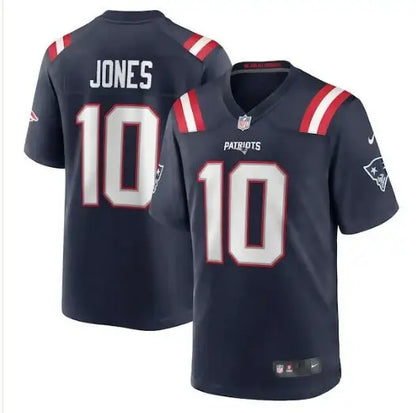 Navy blue Mac Jones Patriots Nike Team Game Jersey with number 10 and JONES on back