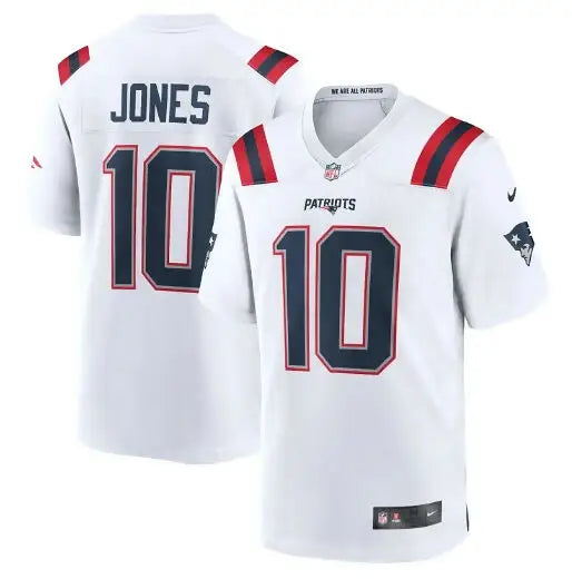 White Mac Jones New England Patriots Nike Game Jersey with JONES and number 10 on back