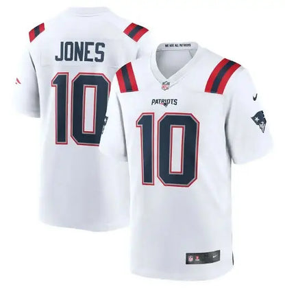 White Mac Jones New England Patriots Nike Game Jersey with JONES and number 10 on back