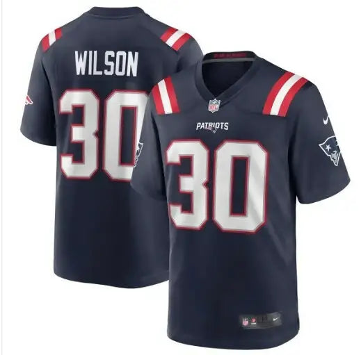 New England Patriots Nike Game Jersey with Wilson #30 displayed in navy