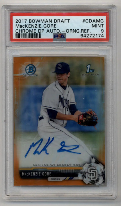 MacKenzie Gore 2017 Bowman Chrome Draft Picks Orange Refractor Auto 06/25 PSA 9 Mint - Singles