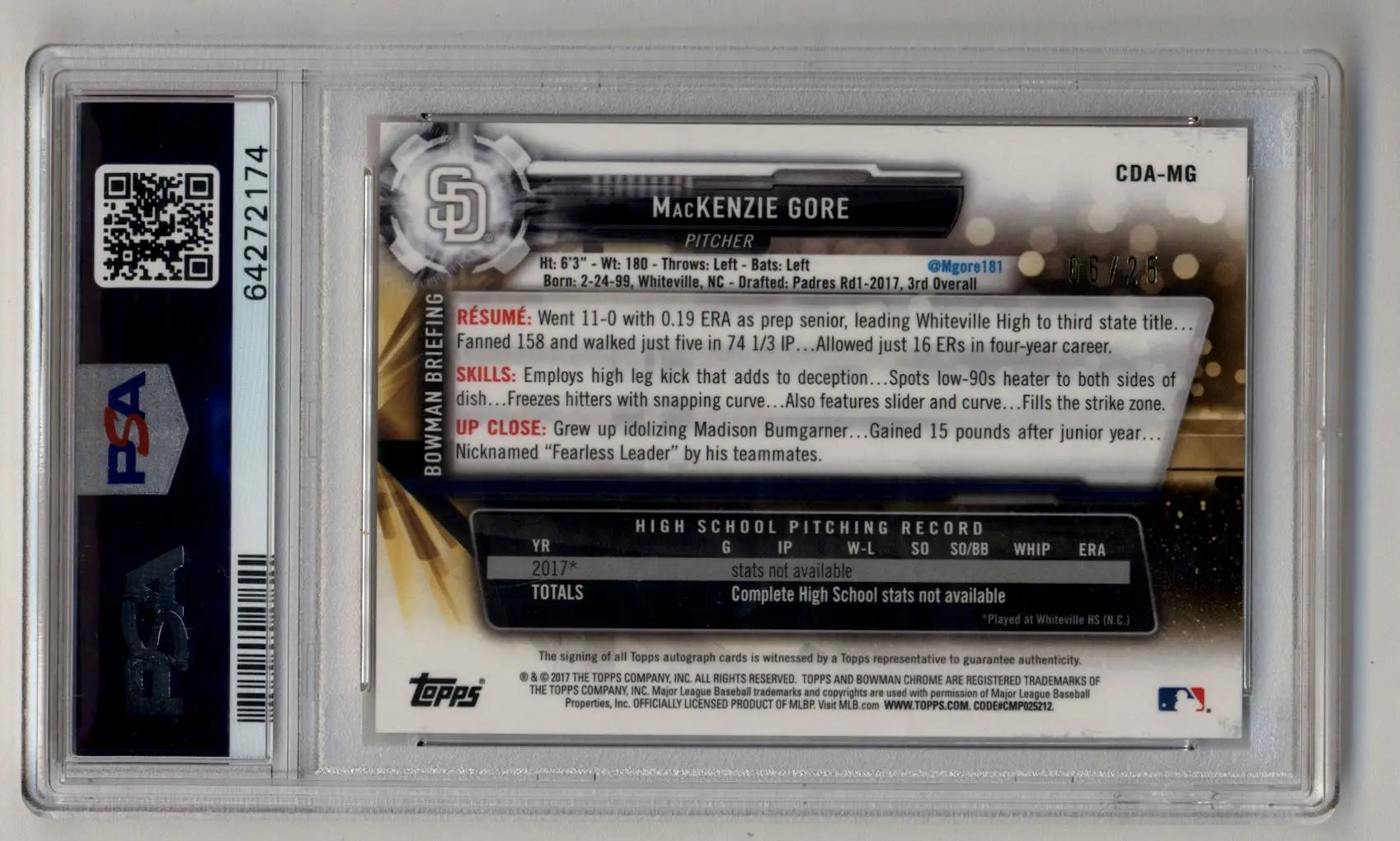 MacKenzie Gore 2017 Bowman Chrome Draft Picks Orange Refractor Auto 06/25 PSA 9 Mint - Singles