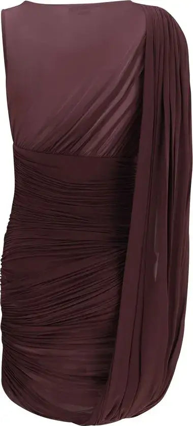 Dark brown one-shoulder ruched mini dress from Magda Butrym Sheer Draped collection