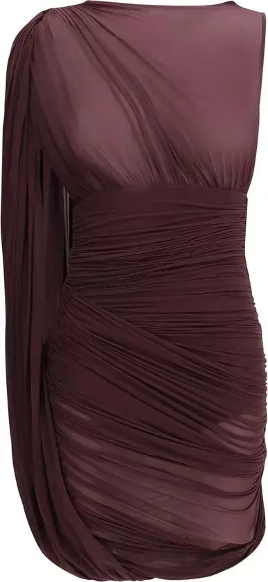 Magda Butrym sheer draped mini dress in deep burgundy or plum color
