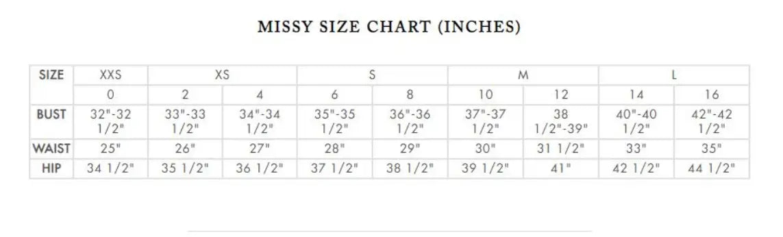 Maggy London Missy size chart in inches for dress bust waist and hips sizes XXS to L