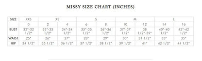 Maggy London Missy size chart in inches for dress bust waist and hips sizes XXS to L