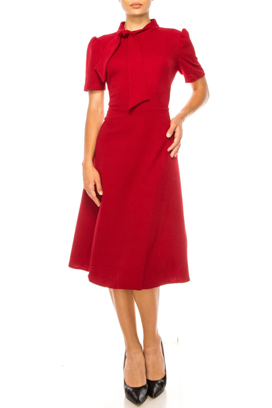Red Maggy London midi dress with short sleeves and decorative high neckline