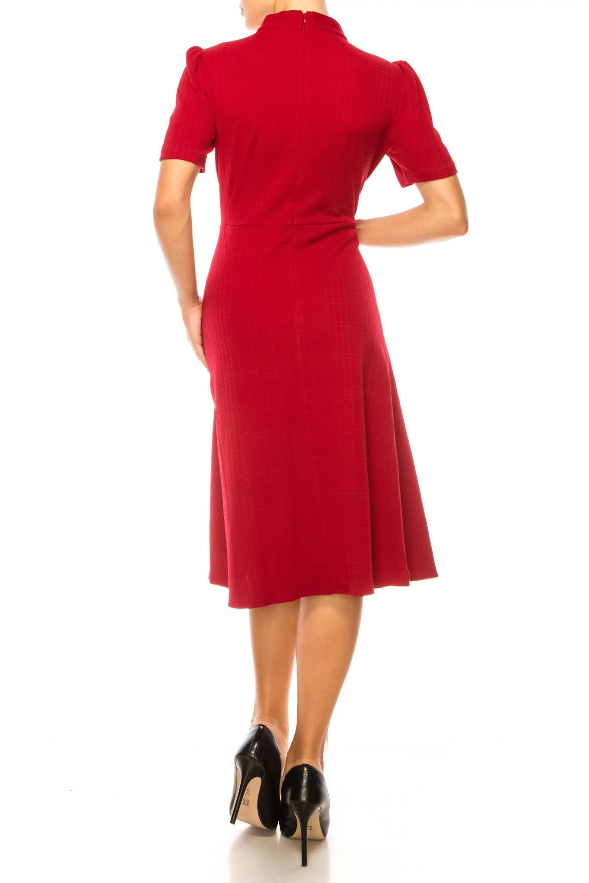 Maggy London red A-line midi dress with short sleeves and high collar for women