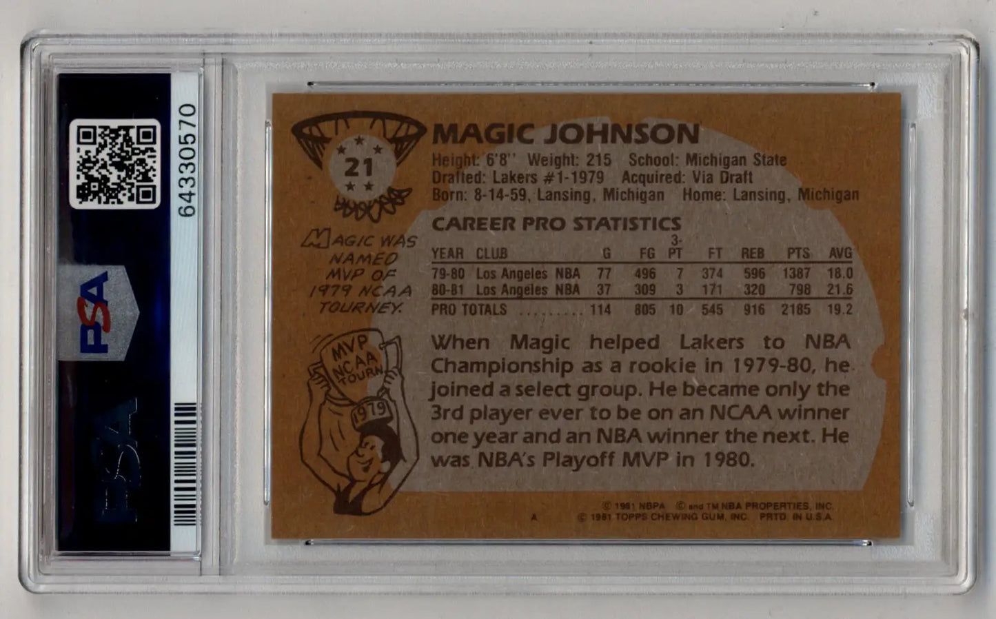 PSA-graded Magic Johnson basketball card from 1981-82 #21 in mint condition