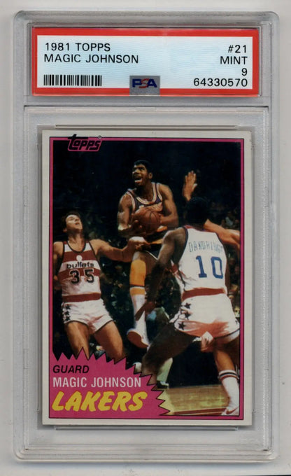 Magic Johnson 1981 Topps basketball card graded PSA 9 Mint displayed in product Magic Johnson 1981-82 #21