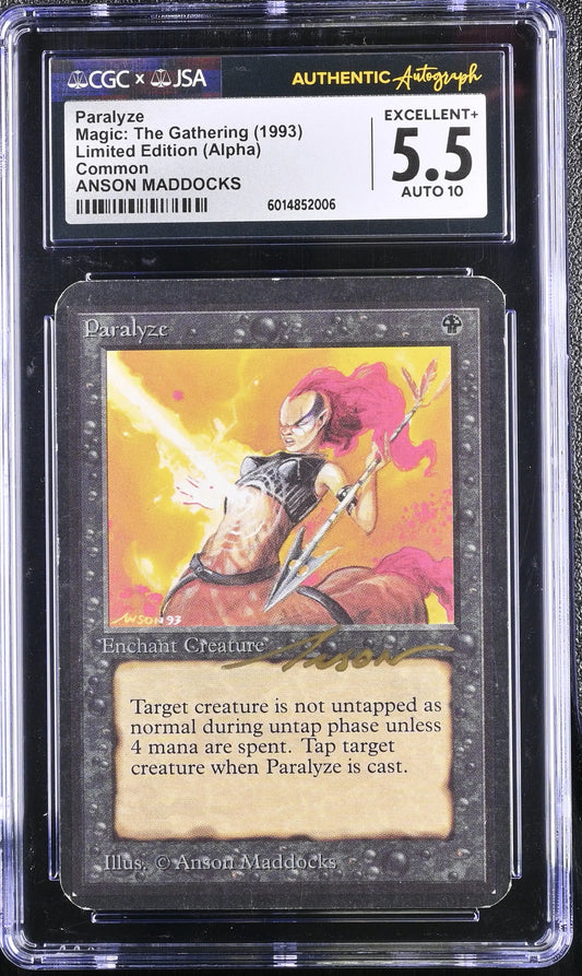Graded Alpha Edition Magic MTG Paralyze card with Anson Maddocks autograph, CGC 5.5 EX+