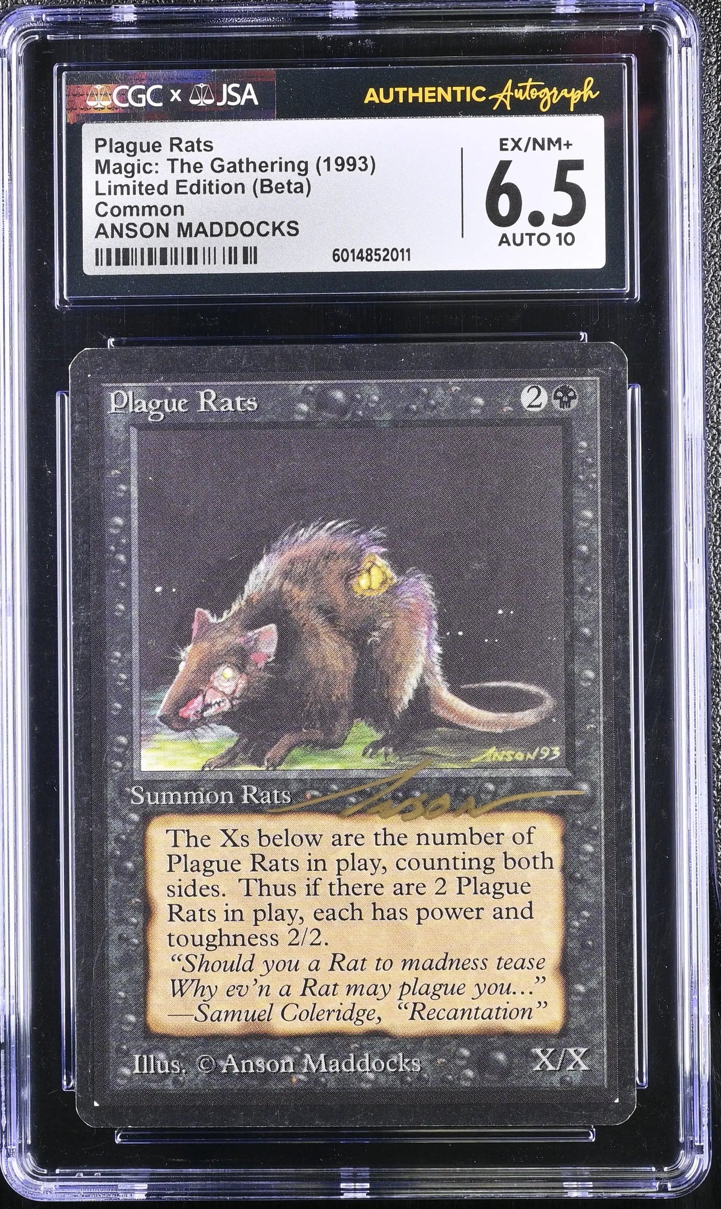 Magic MTG Plague Rats [Beta Edition] Graded CGC 6.5 Ex/NM+ JSA Anson Maddocks Autograph - MTG Single