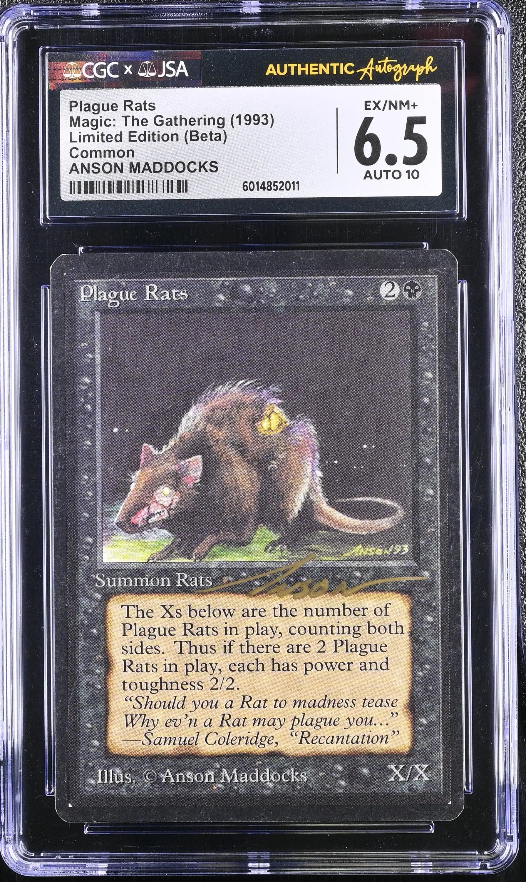 Magic MTG Plague Rats [Beta Edition] Graded CGC 6.5 Ex/NM+ JSA Anson Maddocks Autograph - MTG Single