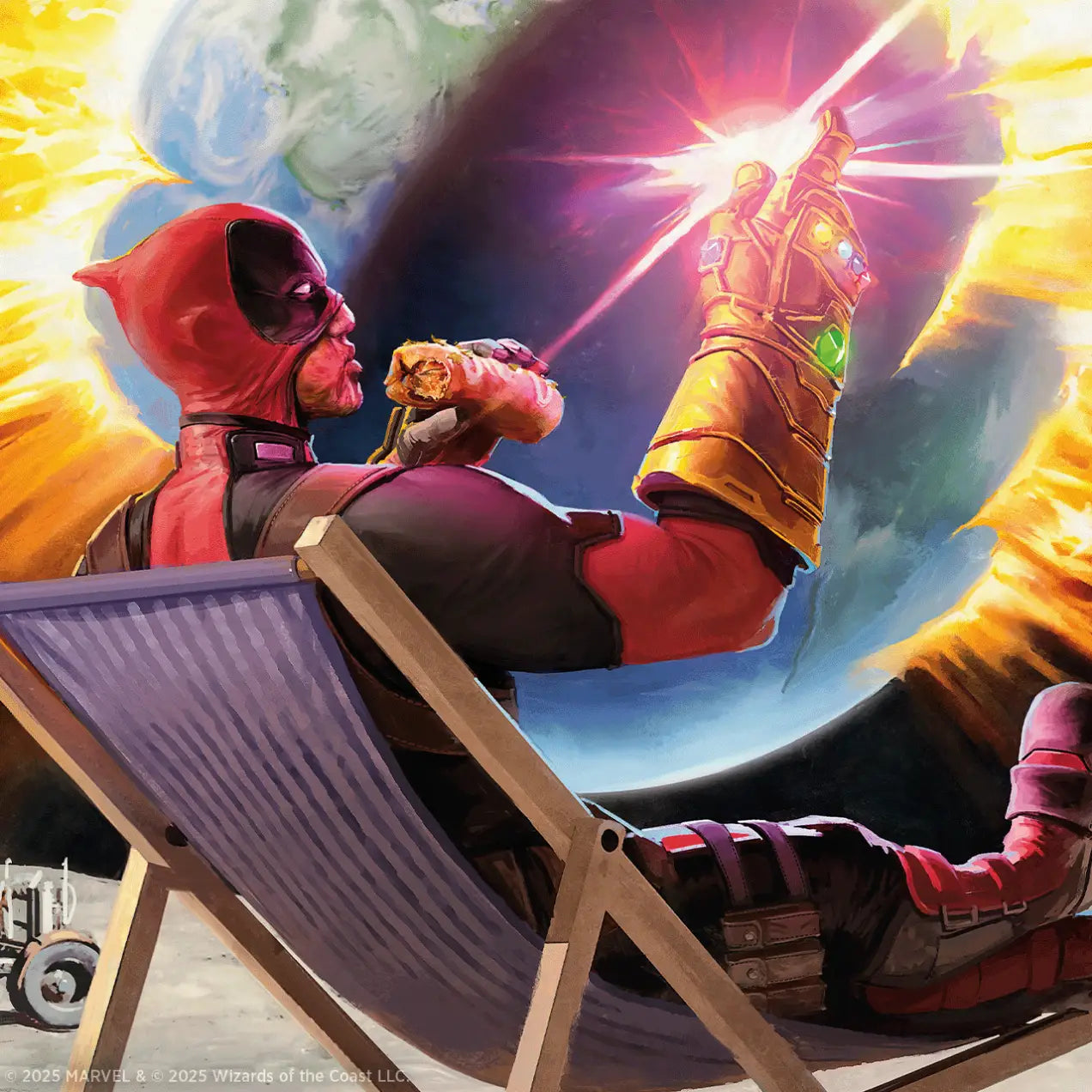 Deadpool wearing the Infinity Gauntlet eating a burrito in Magic MTG Secret Lair x Marvel