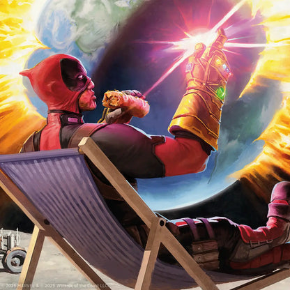 Deadpool wearing the Infinity Gauntlet eating a burrito in Magic MTG Secret Lair x Marvel