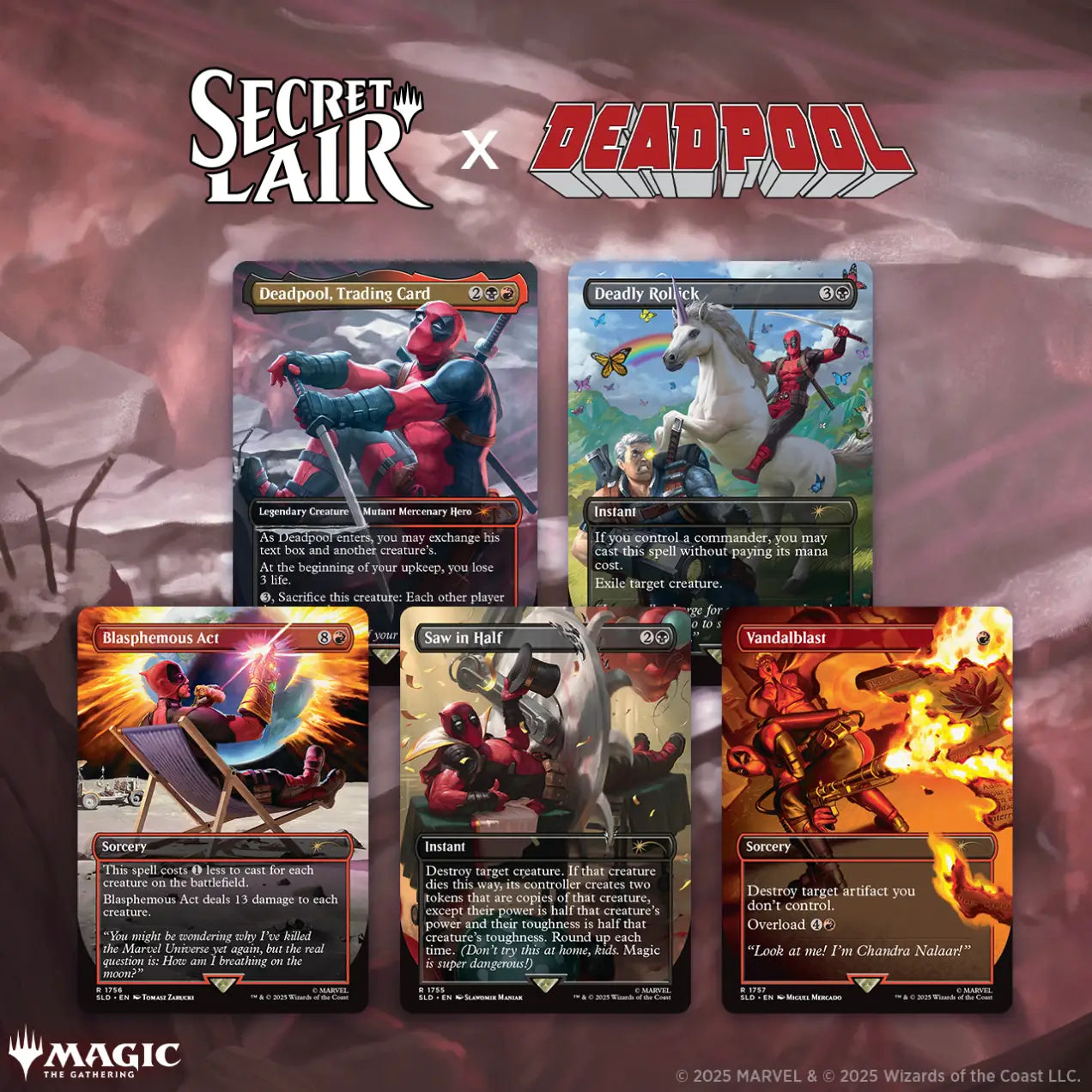 Deadpool-themed Magic MTG Secret Lair cards from Magic MTG Secret Lair x Marvel’s Deadpool Non-Foil Edition