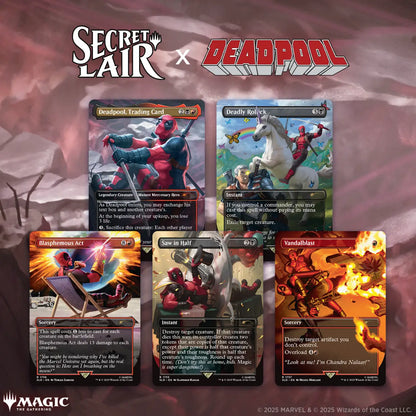 Deadpool-themed Magic MTG Secret Lair cards from Magic MTG Secret Lair x Marvel’s Deadpool Non-Foil Edition