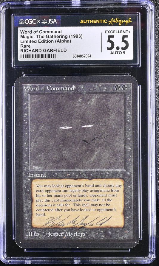 Graded and authenticated Magic The Gathering Word of Command Alpha Edition card autographed by Richard Garfield