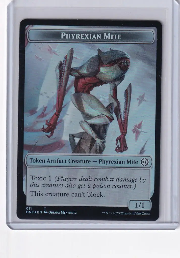 Metallic Phyrexian Mite with blade-like limbs and red core from Magic Phyrexia Samurai Foil