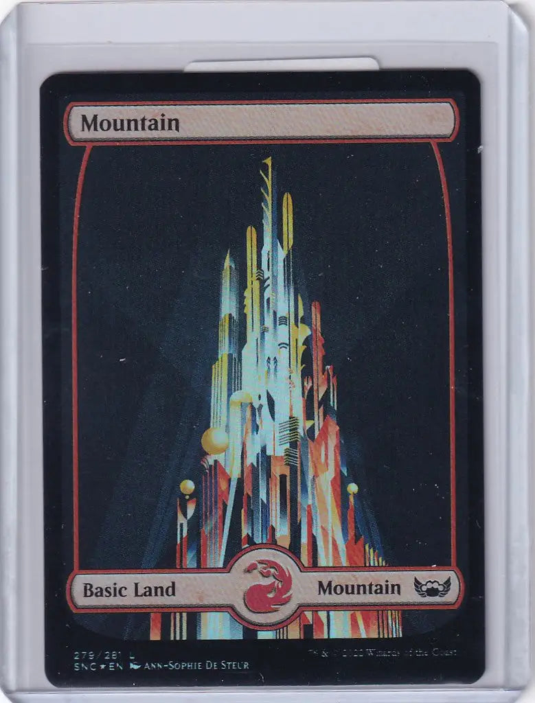 Stylized colorful mountain on Magic Streets of New Capenna trading card Foil