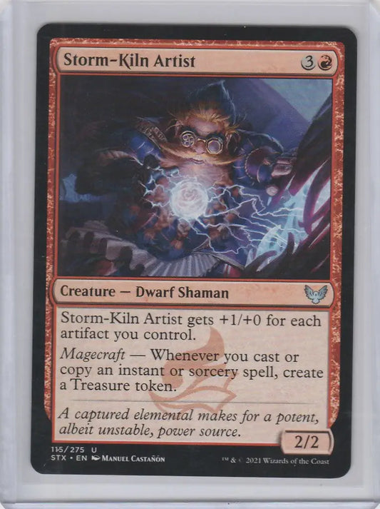 Magic Strixhaven trading card of a dwarf shaman controlling elemental energies