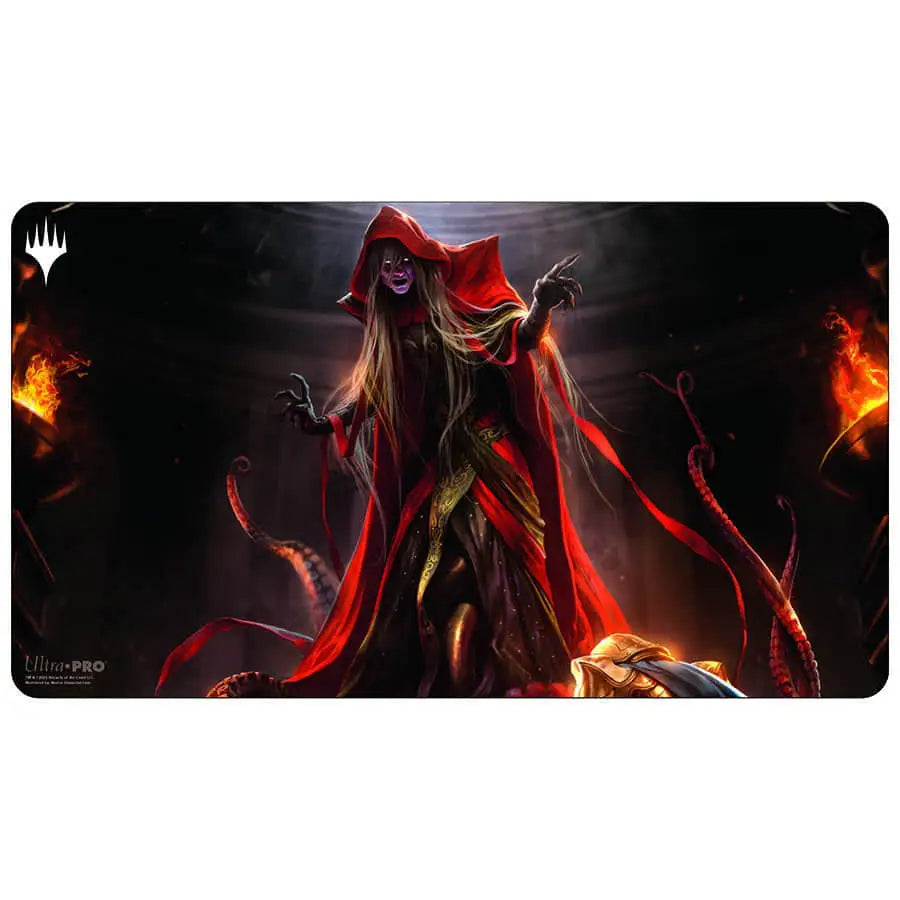 Menacing hooded figure with glowing eyes on Magic The Gathering playmat with non-slip rubber backing