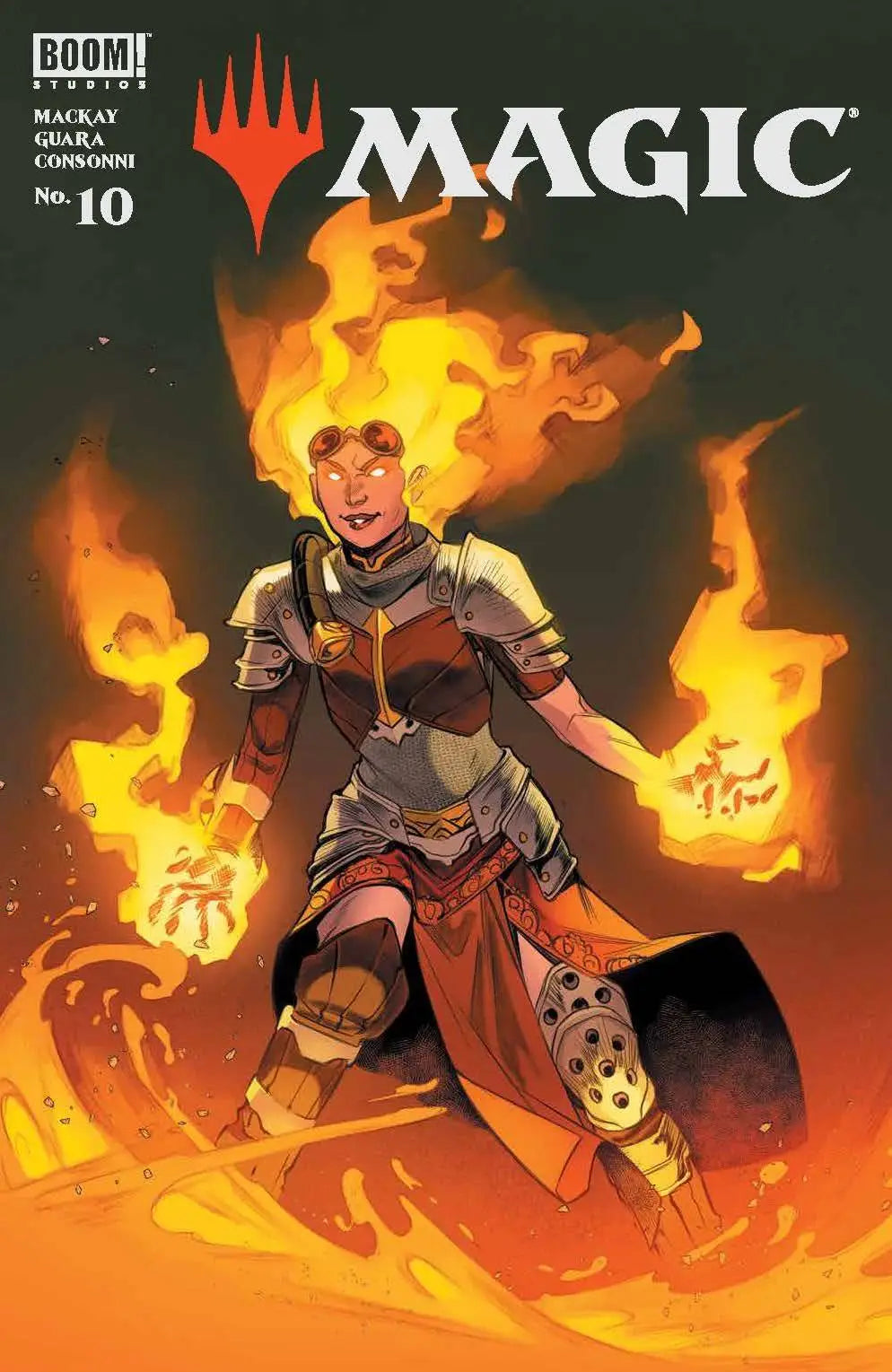Fiery warrior in armor on Magic The Gathering comic book cover for trading cards