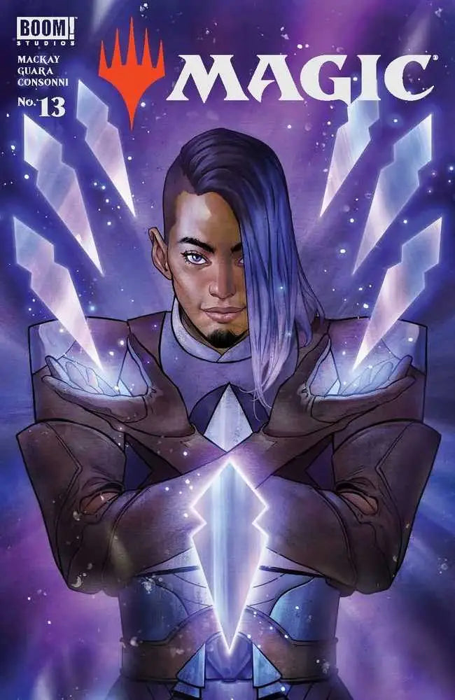 Comic book cover of Magic The Gathering featuring a character with purple hair and magical energy