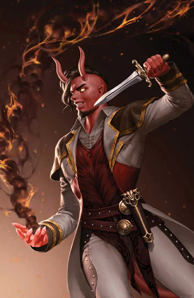Red-skinned Tiefling warrior with sword in flames for Magic The Gathering trading cards