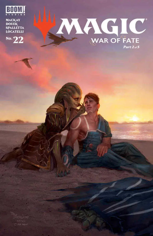 Comic book cover for Magic The Gathering #22 featuring figures on a sunset beach