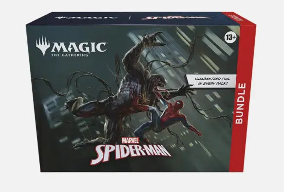 Magic The Gathering Marvel Spider-Man Bundle Box with traditional foil land cards and basic land cards