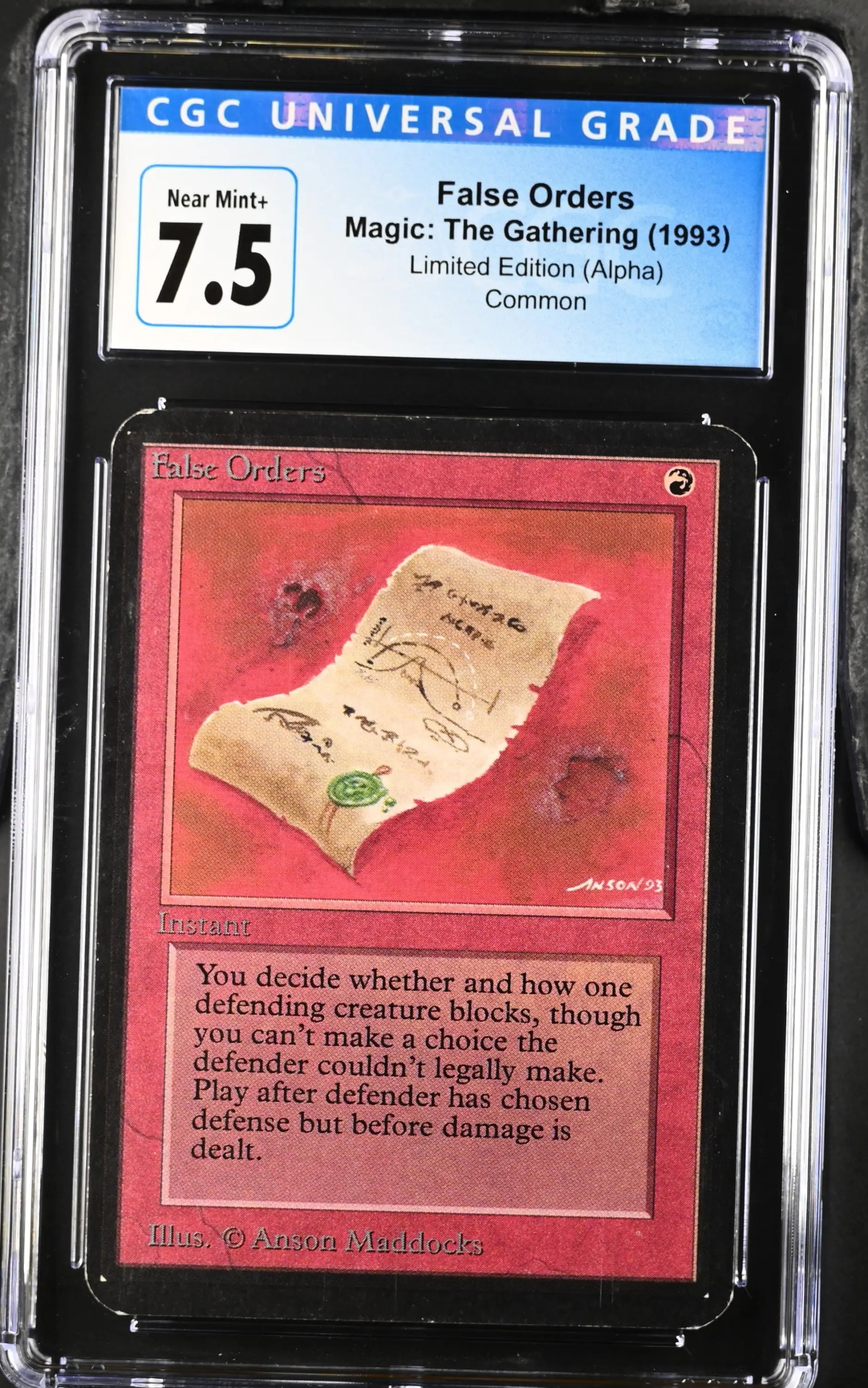 Graded Magic: The Gathering False Orders Alpha Edition card rated 7.5 Near Mint+