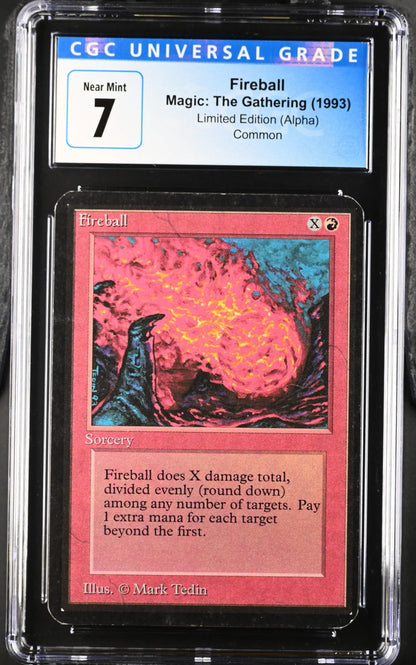 Graded CGC 7 Near Mint Magic: The Gathering Alpha Edition Fireball card encapsulated