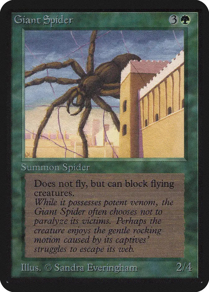 Giant Spider perched on a building, featured in Magic: The Gathering Alpha Edition trading cards