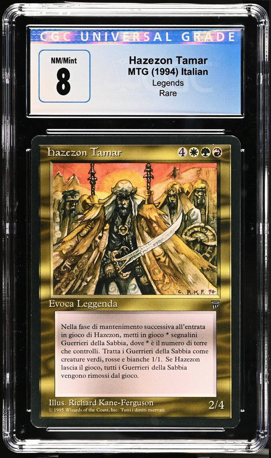 Graded trading card of Hazezon Tamar from Magic: The Gathering in protective holder