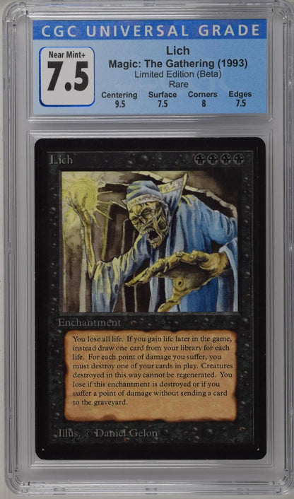 Graded CGC 7.5 Near Mint Magic: The Gathering Beta Edition Lich trading card for sale