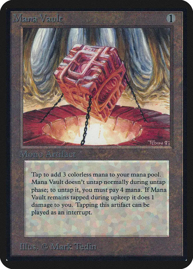 Red metallic cube suspended by a chain in Magic: The Gathering Mana Vault Alpha Edition