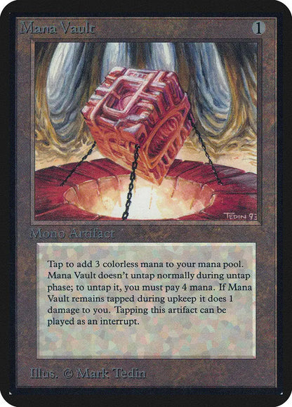 Red metallic cube suspended by a chain in Magic: The Gathering Mana Vault Alpha Edition